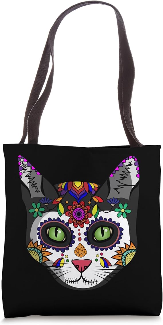 Craneo De Gato Halloween Cute Sugar Skull Dia De Los Muertos Tote Bag - sugar skull handbags for sale