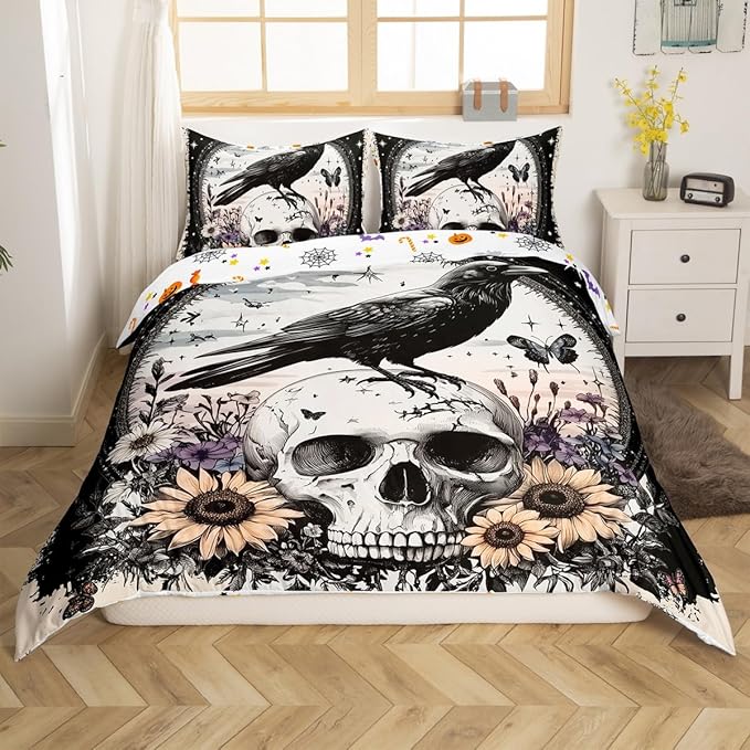 Erosebridal Halloween Raven Bedding Set Full Size, Sugar Skull Duvet Cover for Kids Teens Adult Bedroom,Stars Galaxy Comforter Cover Crow Sunflower Floral Quilt Cover, 2 Pilow Cases, Black White - sugar skull bedding set