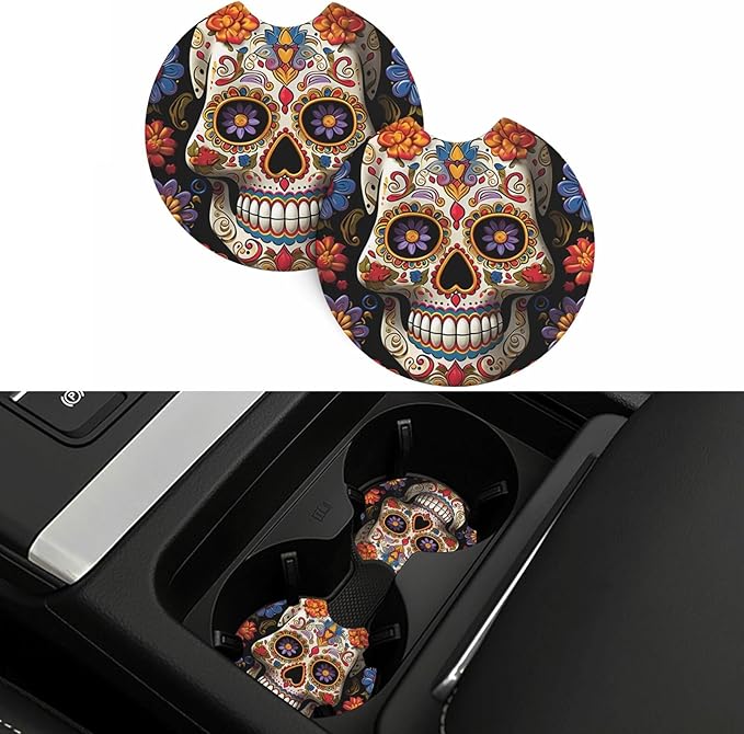 Car Coasters 2 Pack Sugar Skulls Car Cup Holder Coaster Absorbent Drink Coasters Auto Insert Cup Pads Non-Slip Coffee Cup Pads Rubber Car Cup Mat Car Interior Accessories for Most Vehicle - sugar skull car floor mats