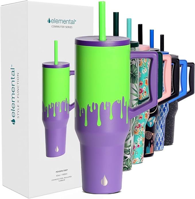 Elemental 40 oz Tumbler with Handle and Straw - Spill Proof Insulated Stainless Steel Commuter for Hot and Cold Beverages - Travel Coffee Mug with 2 Straws & Spill Proof Lid - 40oz - Poison Drip - sugar skull tumbler with straw