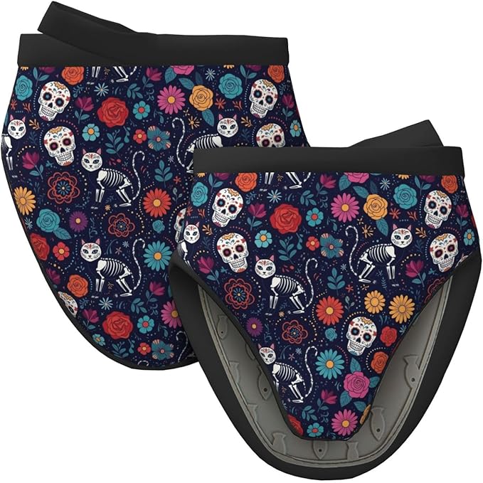 Non-Slip Mini Oven Mitt Set Heat Resistant Kitchen Mini Oven Mitts Compatible with Day of The Dead Black Cat Rose Sugar Skull Skeleton 2 Pack - sugar skull oven mitts