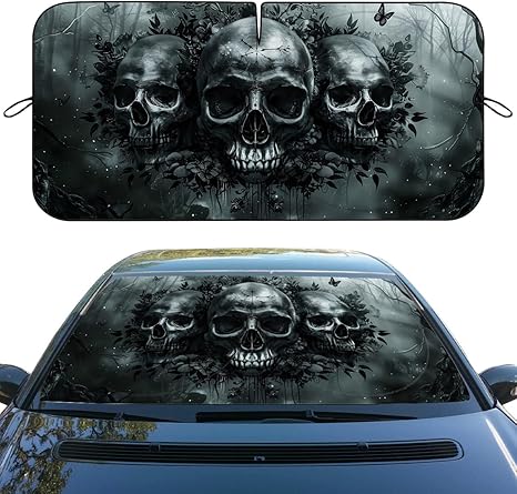 Skull Car Windshield Sun Shade Skeleton Black Forest Art Heatshield Front Window Car Sun Shade Windshield Blocks UV Rays Sun Visor Protector for Car Sedan Truck SUV Accessories 59x31.5 Inch - sugar skull car sunshade for windshield