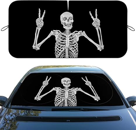 Funny Skull Car Windshield Sunshade Folding Human Skeleton Black Heatshield Front Window Car Sun Shade Windshield Rays Sun Shade Visor Protector for Car Sedan Truck SUV Accessories 59" L x 31.5" W - sugar skull car sunshade for windshield
