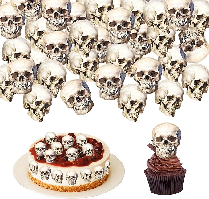 40Pcs Edible Halloween Skull Cupcake Toppers Wafer Paper Skull Cupcake Toppers Halloween Theme Baby Shower Kids Birthday Party Cake Decorations Supplies - sugar skull coffee cup