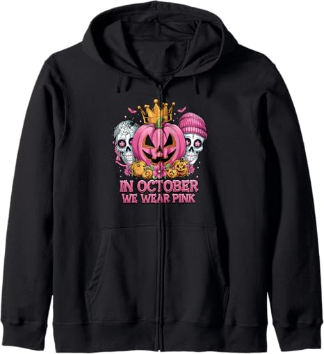 Breast Cancer Awareness Sugar Skull Halloween - sugar skull zip up hoodie mens