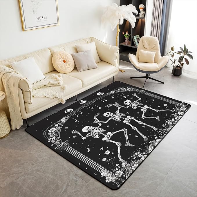Erosebridal Halloween Sugar Skull Area Rugs 3x5,Glitter Stars Galaxy Starry Sky Moon Non Slip Carpet,Groovy Flowers Floral Blossom Decorative Playroom Washable Rug,Gothic Skeleton Indoor Floor Mat - sugar skull area rug