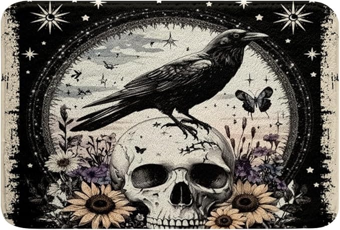 Erosebridal Halloween Raven Bath Mat, Sugar Skull Bathroom Rugs for Kids Teens Adult Bathroom,Stars Galaxy Doormats Floor Mats Crow Sunflower Floral Entryway Rug 20"X 32", Black White - sugar skull toilet mat set