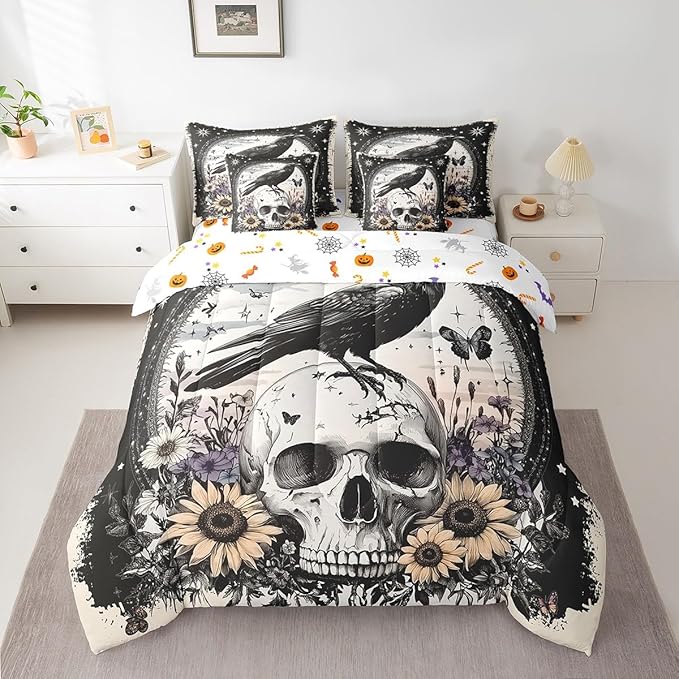 Erosebridal Halloween Raven 7 Piece Bed in A Bag Twin Size, Sugar Skull Bedding Sets for Kids Teens Adult Bedroom,Stars Galaxy Comforter Set Crow Sunflower Floral Bedding Comforter Sets, Black White - sugar skull bedding set