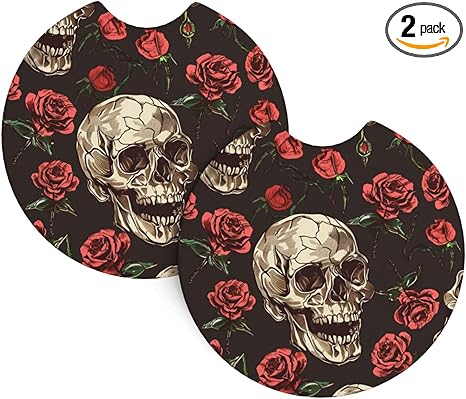 2 Pack Absorbent Car Coaster for Cup Holders, Sugar Skull Halloween Red Rose Flower Skeleton Print Auto Accessories Car Cup Mat for Women & Men,2.7 Inch - sugar skull car floor mats