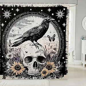 Erosebridal Halloween Raven Bathroom Shower Curtain Sets 72" W X 72" L, Sugar Skull Shower Curtain for Kids Teens Adult Bathroom,Stars Galaxy Fabric Shower Curtain Crow Sunflower Floral Bath Curtain - sugar skull shower curtain set