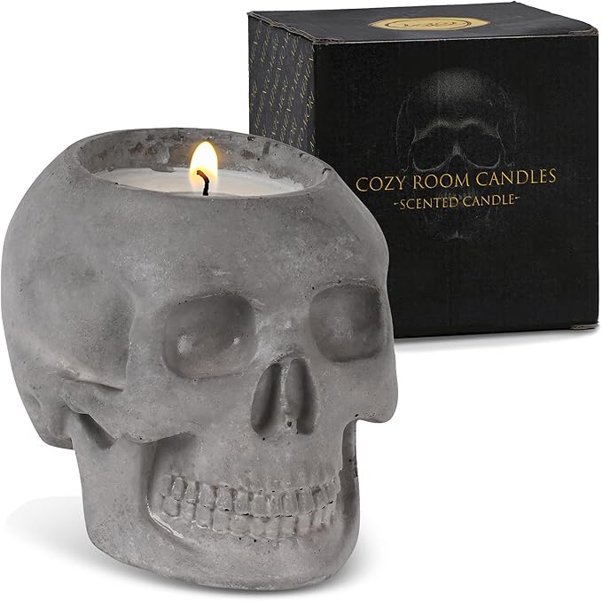 Natural Scented Hand-Poured Concrete Skull Soy Candle | Aromatherapy Scents for Home | Elegant Gift for Men & Women | Non-Toxic Highly Fragranced | 4oz Concrete Skull Candle | Beach Linen | Grey Color - sugar skull candle holder