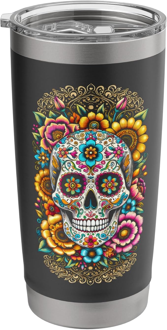 Halloween De Los Muertos Sugar Skull Day of the Dead Stainless Steel Insulated Tumbler - sugar skull tumbler with straw