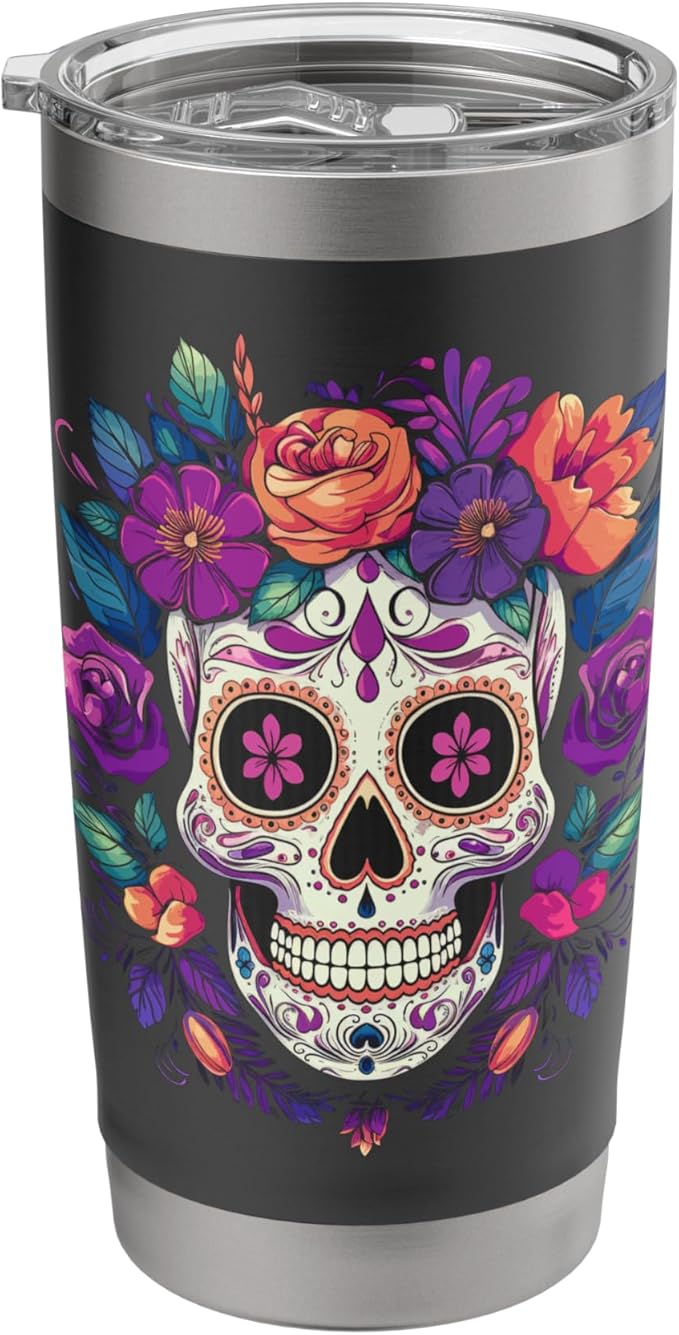Halloween De Los Muertos Sugar Skull Day of the Dead Stainless Steel Insulated Tumbler - sugar skull tumbler with straw