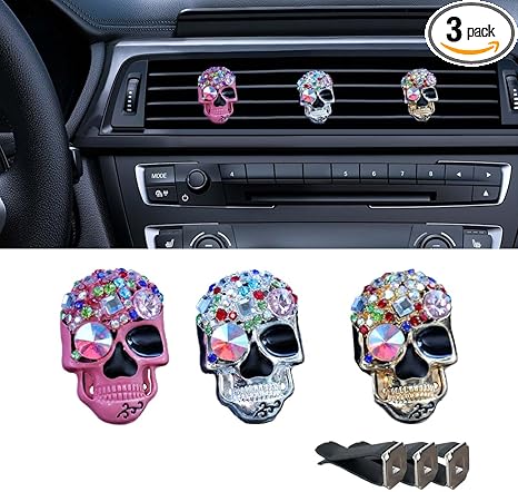 3PCS Bling Skull Car Air Fresheners Vent Clip, Colorful Diamond Car Diffuser Vent Clip, Car Air Conditioner Decoration Clip, Funny Horror Car Interior Accessories for Women Girls - sugar skull car floor mats