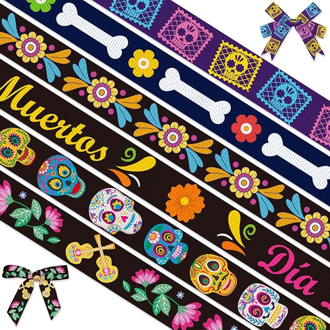 Threetols 6 Rolls 18 Yards Day of The Dead Ribbons, 3/8" Dia De Los Meurtos Grosgrain Ribbon Black Flower Sugar Skull Ribbons Wrapping Craft Ribbon for Mexican Halloween Theme Party Decorations - sugar skull christmas ornament