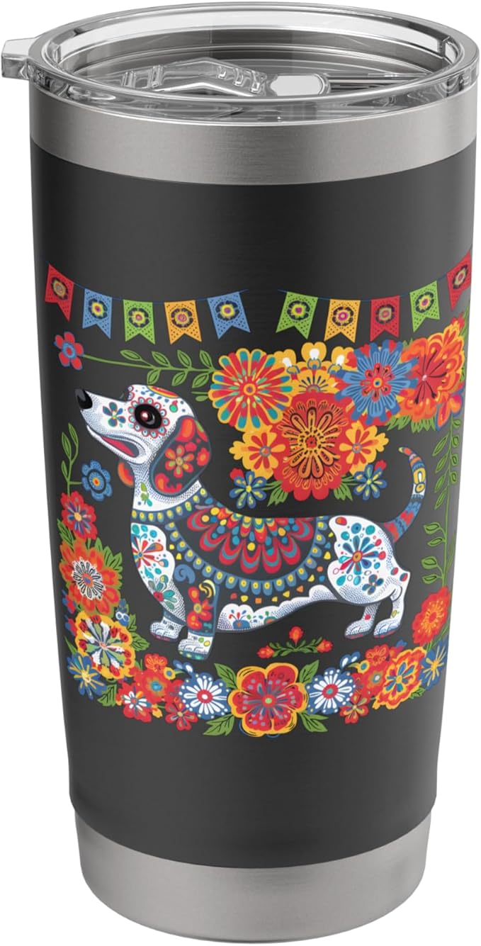 Dachshund Dia De Los Muertos Day Of Dead Dog Sugar Skull Stainless Steel Insulated Tumbler - sugar skull tumbler with straw