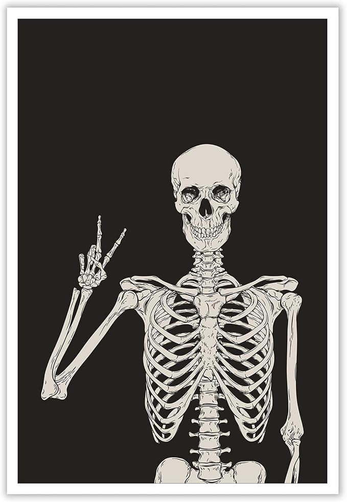 Funny Black Skeleton Canvas Wall Art Spooky Decor Halloween Poster High Hand Peace Print Bones Minimalist Background 12X16in Unframed - sugar skull poster print
