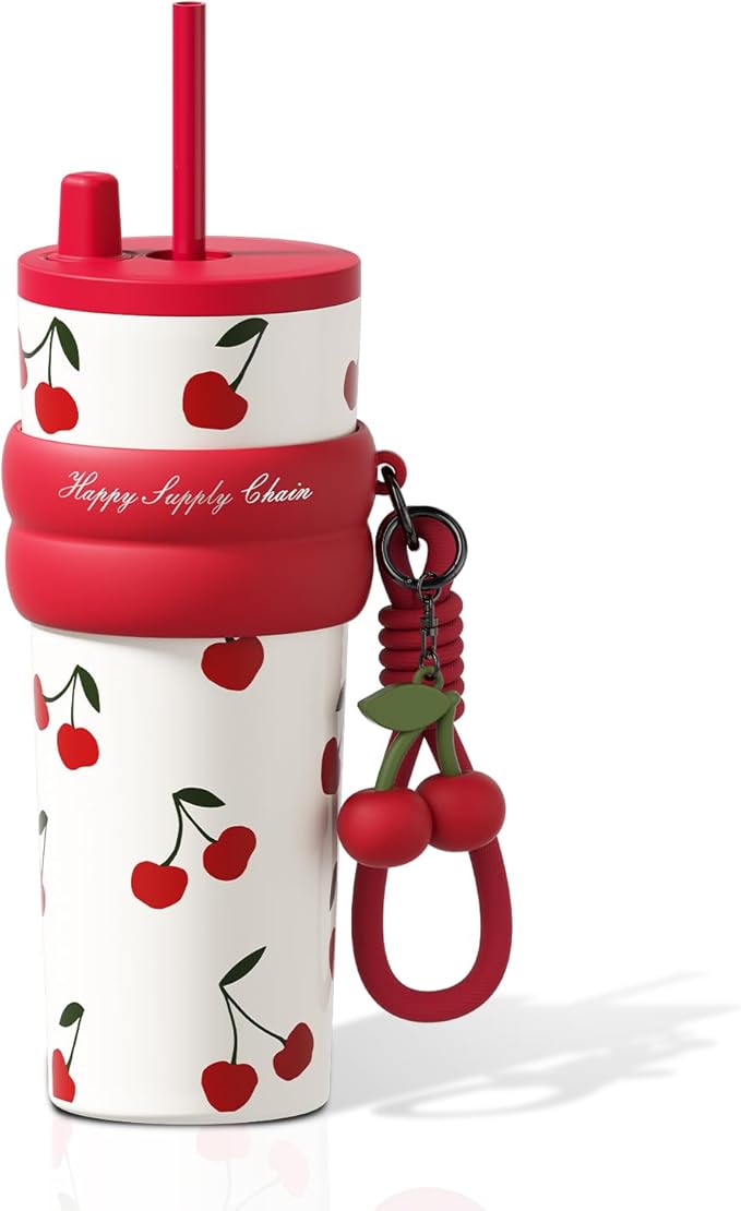 24 oz Stainless Steel Tumbler with Lid and Straw, Insulated Water Bottle Leak Proof for Hot and Cold, Portable Travel Coffee Mug, Reusable Coffee Cup for Women, Cherry - sugar skull tumbler with straw