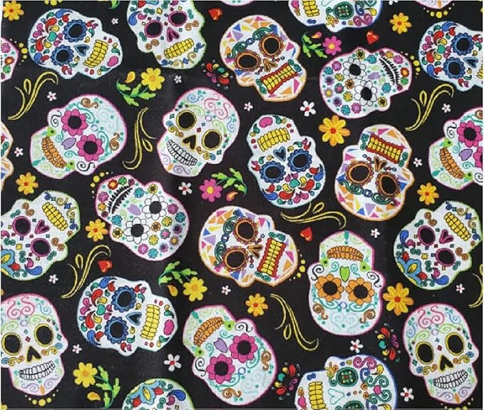 Fat Quarter ~ Folk Folkloric Art Skull Fabric Sugar Skulls Skull,Floral, Tattoo On Black Background 100% Cotton Fabric ~ 18 inches x 21 inches - sugar skull temporary tattoo