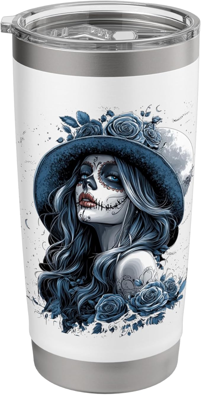 Mexican Sugar Skull Girl Halloween Dia De Los Muertos Stainless Steel Insulated Tumbler - sugar skull tumbler with straw