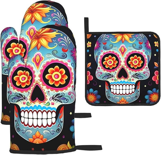 Oven Mitts And Pot Holders 3 Pcs Set Cooking Glove Sugar Skulls Oven Mitt Heat Resistant Oven Glove For Cooking Kitchen Oven Gloves Non-Slip Oven Mittens For Microwave Baking Bbq - sugar skull oven mitts