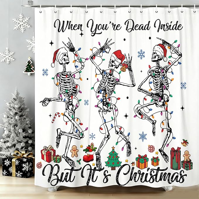 DYNH Christmas Shower Curtain, Merry Xmas Funny Skull Skeleton Colourful Lamp Christmas Tree Shower Curtain, Winter Holiday Happy New Year Fabric Bathroom Decor Shower Curtains with Hooks,72X72 - sugar skull shower curtain set
