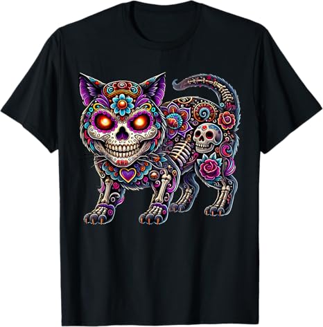 Dia de Los Muertos Skull Sugar Day Of The Dead Cat - sugar skull t-shirt womens