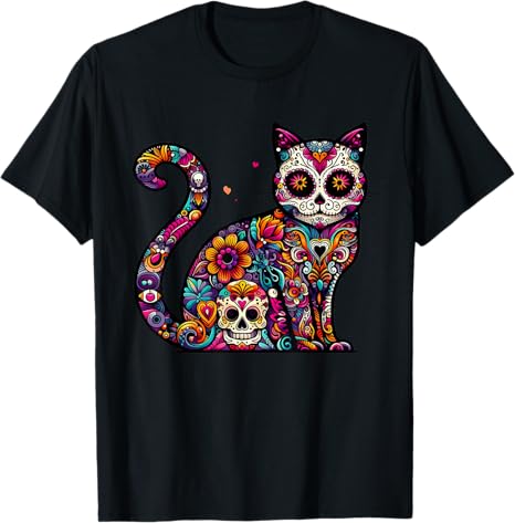 Dia de Los Muertos Skull Sugar Day Of The Dead Cat - sugar skull t-shirt womens