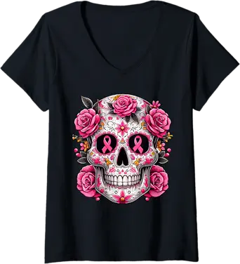 Sugar Skull Breast Cancer Awareness Tees - sugar skull t-shirt womens