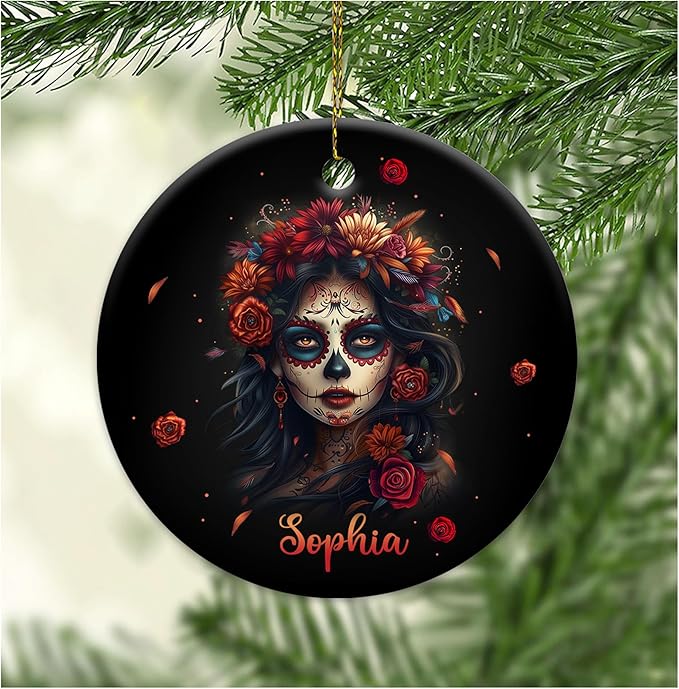 Hyturtle Personalized Floral Sugar Skull Ornament - Sugar Skull Gifts for Women - Goth Skeleton Gift for Lovers - Dia De Los Muertos Christmas Ornaments for Tree Decor - Custom Ceramic Ornament Decor - sugar skull christmas ornament