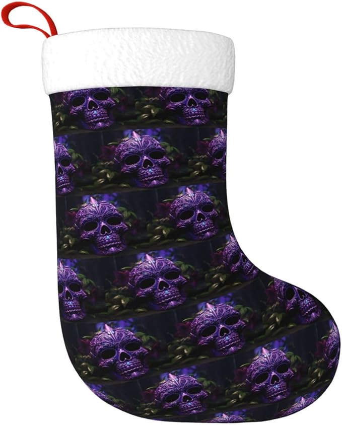 Purple Floser and Sugar Horror Skull Christmas Stockings, Large 17.7 * 11 Inch Stockings, Decorative Holiday Farmhouse Fireplace Decor - sugar skull christmas decorations