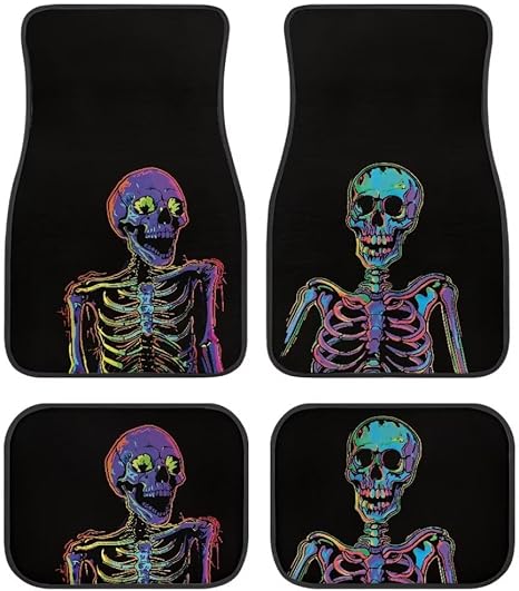 Cool Skeleton Print Skull Car Floor Mats Suitable for Cars SUVs Trucks,Front & Rear Automotive Floor Mats,4 Pieces - sugar skull car floor mats