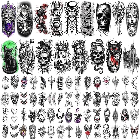 77 Sheets Gothic Temporary Tattoos, Mystery Spider Skull Fake Tattoos for Adults Teens, Waterproof Realistic Weird Temp Tats for Horror Halloween Makeup, Large Tattoos for Men Women - sugar skull temporary tattoo