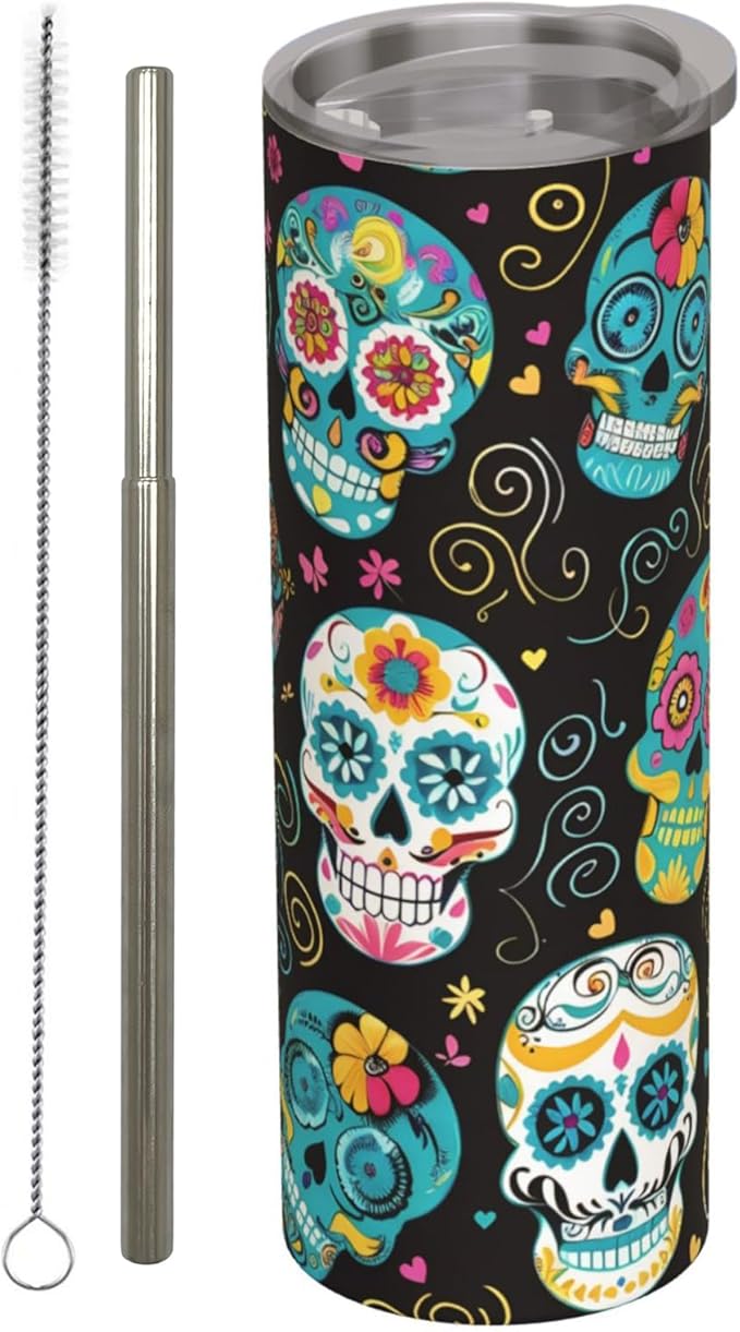 Gothic Sugar Skull Stainless Steel Insulated Tumbler with Lid,20oz Day of the Dead Travel Mug,Reusable Metal Straw & Brush,Double-Wall Vacuum Bottle Cup for Hot Cold Drinks,Halloween Gifts - sugar skull tumbler with straw