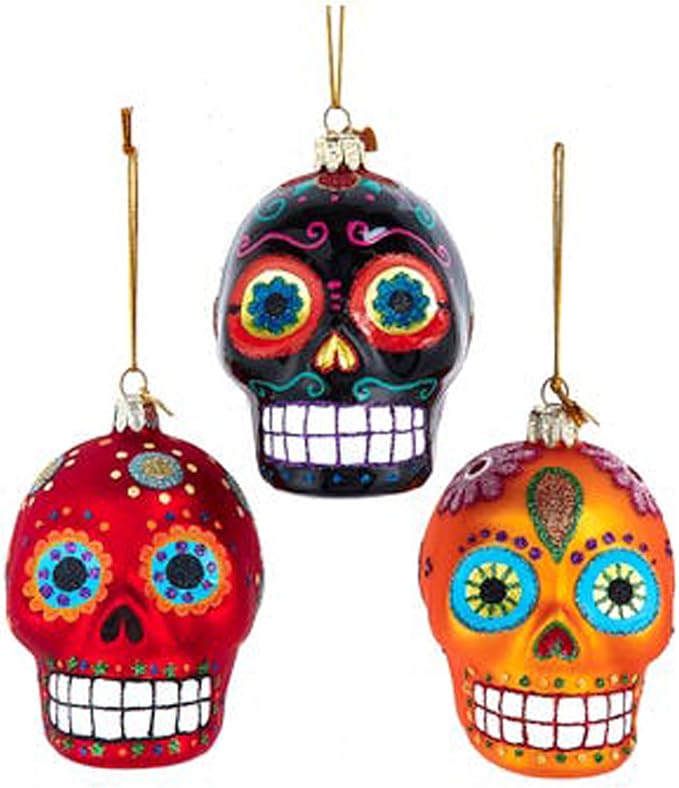 Kurt Adler Day of The Dead Sugar Skulls - 3.5 Inch Glass Christmas Tree Ornament; Set of 3 - sugar skull christmas ornament