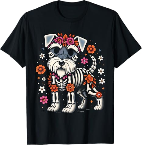 Dia De Los Muertos Schnauzer Sugar Skull Dogs - sugar skull t-shirt womens