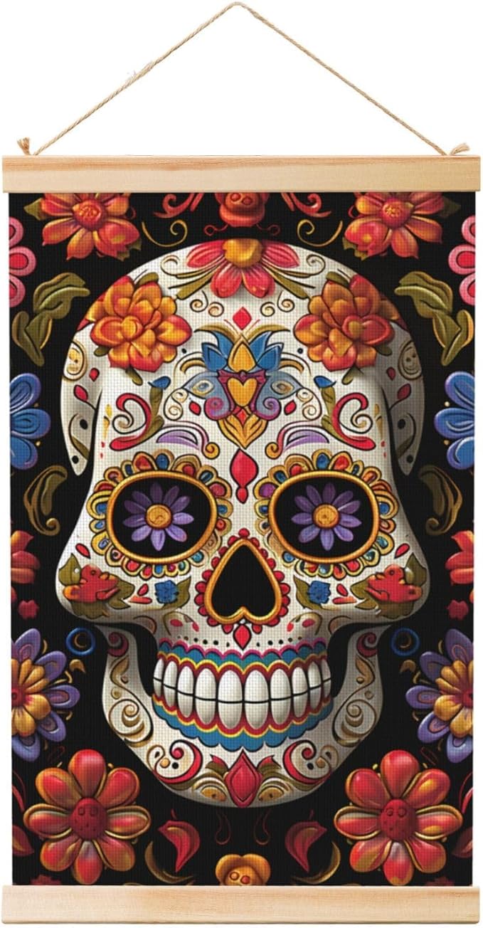 LZQPOEAS Sugar Skulls Poster Wooden Shaft Hanging Poster Wall Hanging Banner Canvas Artwork with Wood Frames Ready to Hang Wall Art for Home Decor Scroll Painting 12"x18" - sugar skull poster print