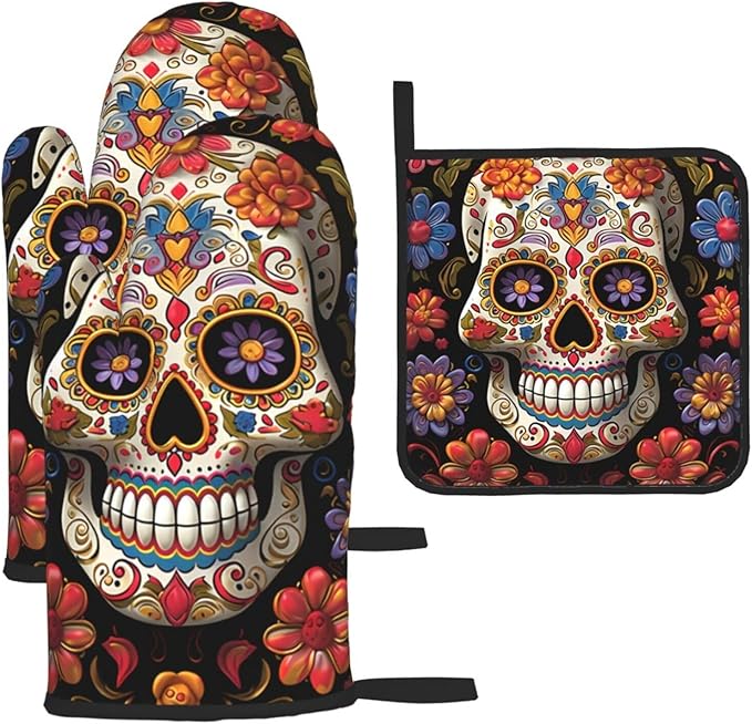 Oven Mitts and Pot Holders Set 3 pcs Kitchen Oven Glove Sugar Skulls Oven Mitt Heat Resistant Oven Glove for Cooking Non-Slip Cooking Gloves Washable Potholders for Baking BBQ - sugar skull oven mitts