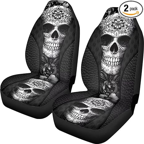 Talayituse Sugar Skull Print Car Seat Cover for Front Seat Cushion Car Seat Protectors, 2 Pcs Auto Accessories Bucket Seat Covers with Fixed Hook - sugar skull car pet seat cover