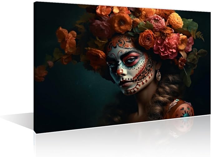 Wall Art Decor Day of the Dead Makeup Canvas Wall Art Girl Sugar Skull Art Prints Home Decor Pictures Wall Art Paitings Giclee Wooden Framed Gallery-Wrapped Ready to Hang (12"Wx18"H) - sugar skull canvas wall art