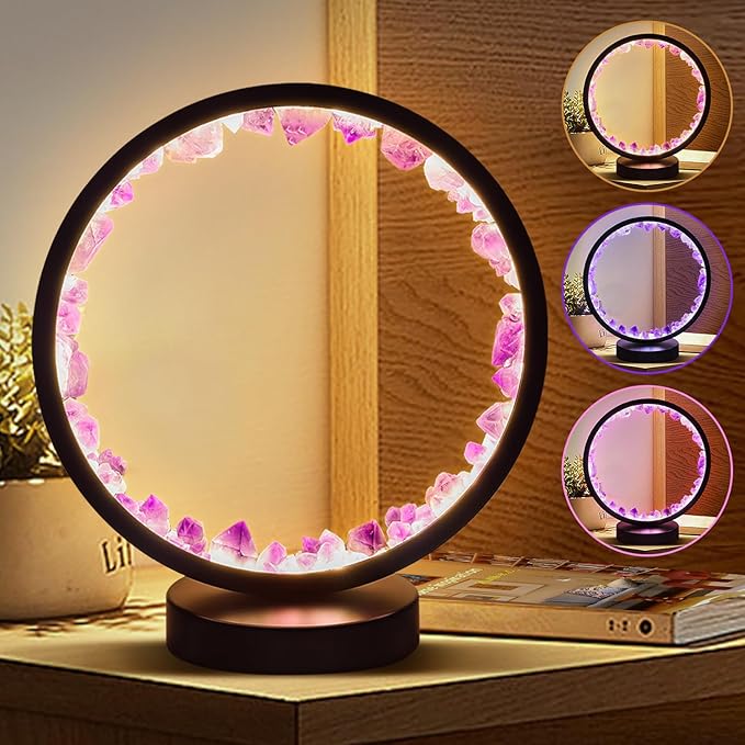 Amethyst Bedside Lamp,Healing Crystal Night Light,3-Colors Ambient Lighting USB Dimming Table Light,Natural Energy Decor for Bedroom Home Dating Gift - sugar skull table lamp