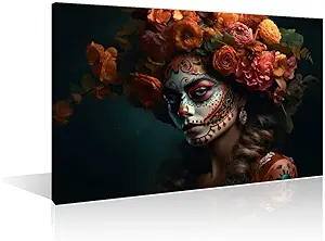 1 Pieces Sugar Skull Makeup Wall Art Girl Sugar Skull Posters Wall Art for Living Room Sugar Skull Girl Pictures Modern Artwork Print on Canvas Stretched and Framed Ready to Hang (24"Wx36"H) - sugar skull poster print