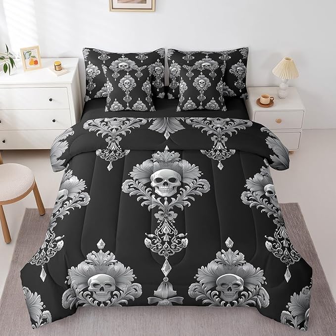 Erosebridal Adults 7 Pcs Sugar Skull Comforter Set Full,Boho Black Damask Skeleton Bed in a Bag with Flat Sheet and Fitted Sheet,Vintage Flower Floral Bedding Set with Pillowcase and Sham Reversible - sugar skull bedding set