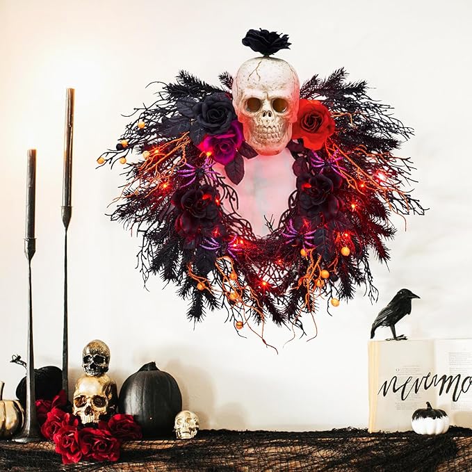 20" Halloween Artificial Front Door Wreath With Spider, Scary Skull, Rose, Red and Black Decor, Lights - Indoor Outdoor Decoration - sugar skull wreath for front door