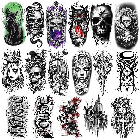77 Sheets Temporary Tattoo, 17 Sheets Gothic Skull Cat Snake Spider Crow Half Sleeve Scary Fake Tattoos for Adults Men Women, 60 Sheets Small Tattoos Stickers for Boys Girls Party Supplies - sugar skull temporary tattoo