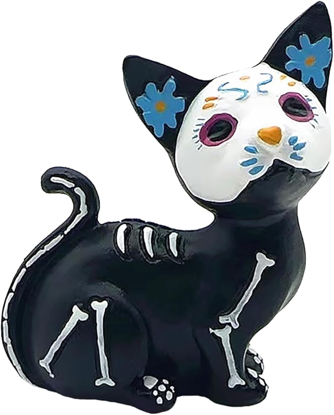 Day of The Dead Dog Figurine, Halloween Dog Statue Sugar Skulls Animal Statue, Resins Crafts Sculpture, Day of The Dead Standing Decor, Halloween Sugar Skull Decor (cat) - sugar skull figurine collectible