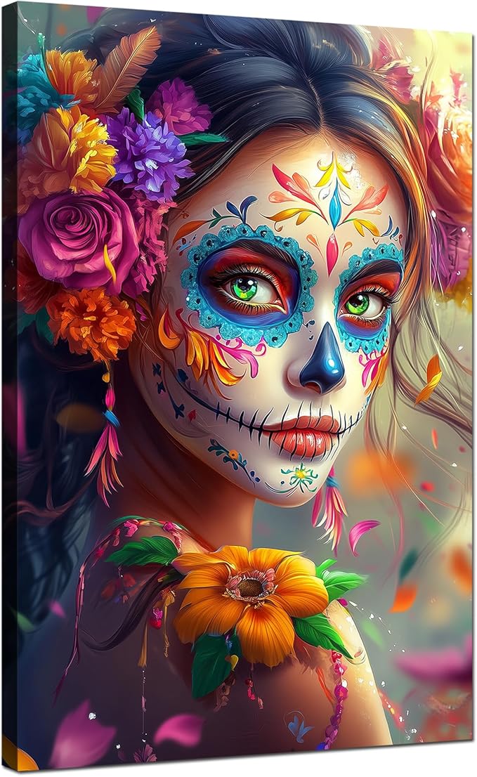Day of The Dead Wall Art Mexico Skeleton Makeup Wall Decor Sugar Skull Girls Posters Mexican Festival Picture Flower Woman Painting Canvas Printing Frame for Home Decor Ready to Hang(24x36inch) - sugar skull poster print