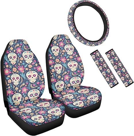Halloween Skull Universal Car Seat Covers, Funny Cute Sugar Skull Car Seat Covers, Day of The Dead Skeleton Car Seat Protector Ventilated Breathable Comfortable - sugar skull car seat covers set