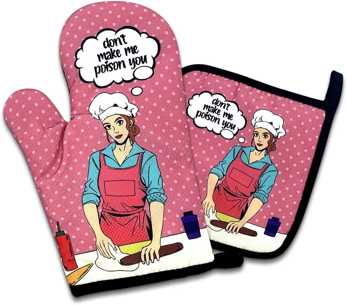 Don't Make Me Poison You,Funny Oven Mitts and Potholders (Set of 2) with Silicone Non-Slip Hanging Loop,Vintage Ladies Baking Accessories, Baking Gifts for Cake Queen Mom, Wife and Sister - sugar skull oven mitts