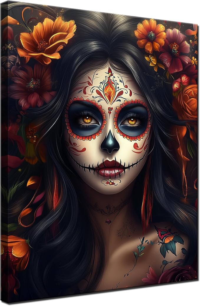 Sugar Skull Girl Wall Art Mexican Skeleton Women Canvas Print Wall Decor Day of The Dead Picture Framed Halloween Skulls Faces Painting Poster Gift Home Decoration (12x16 inches) - sugar skull poster print